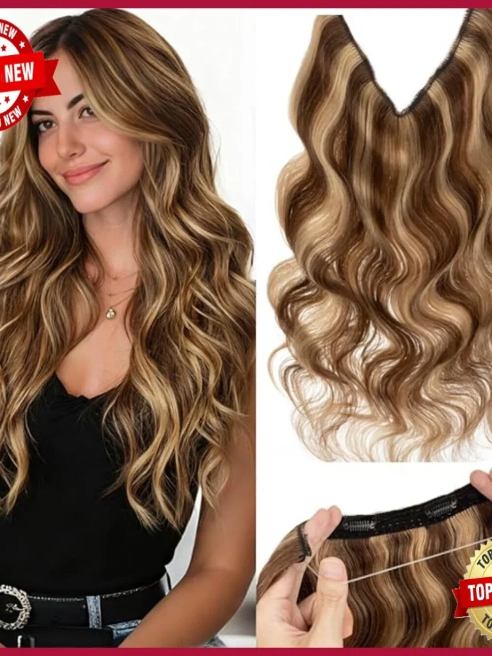 16 Inch Halo Hair Extensions Real Human Hair Wavy Clip In Hairpiece
